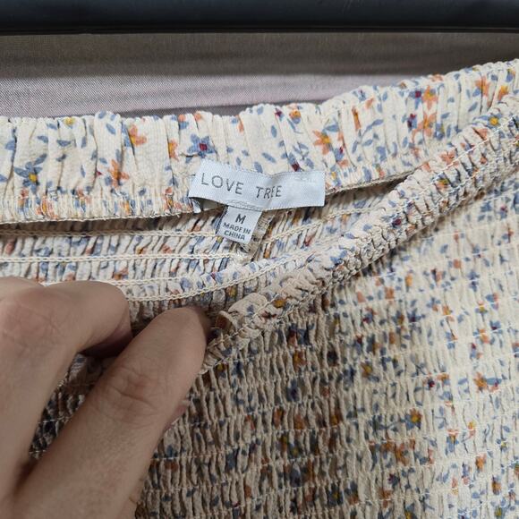 Love Tree Tan Beige Floral Cottagecore Smocked Crop Top Skirt Set Size Medium - Picture 12 of 15